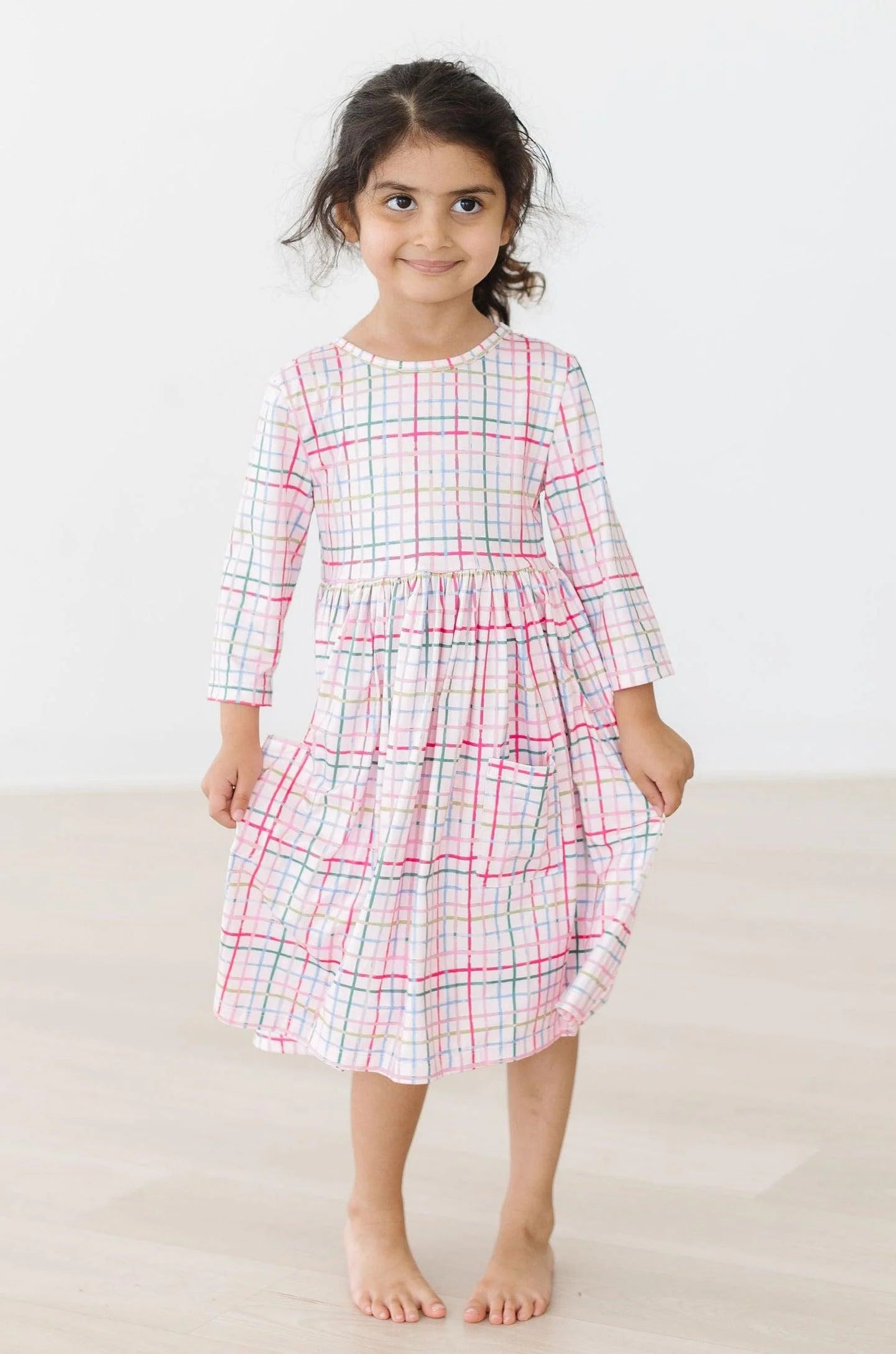 Pink Plaid 3/4 Sleeve Pocket Twirl Dress by Mila & Rose