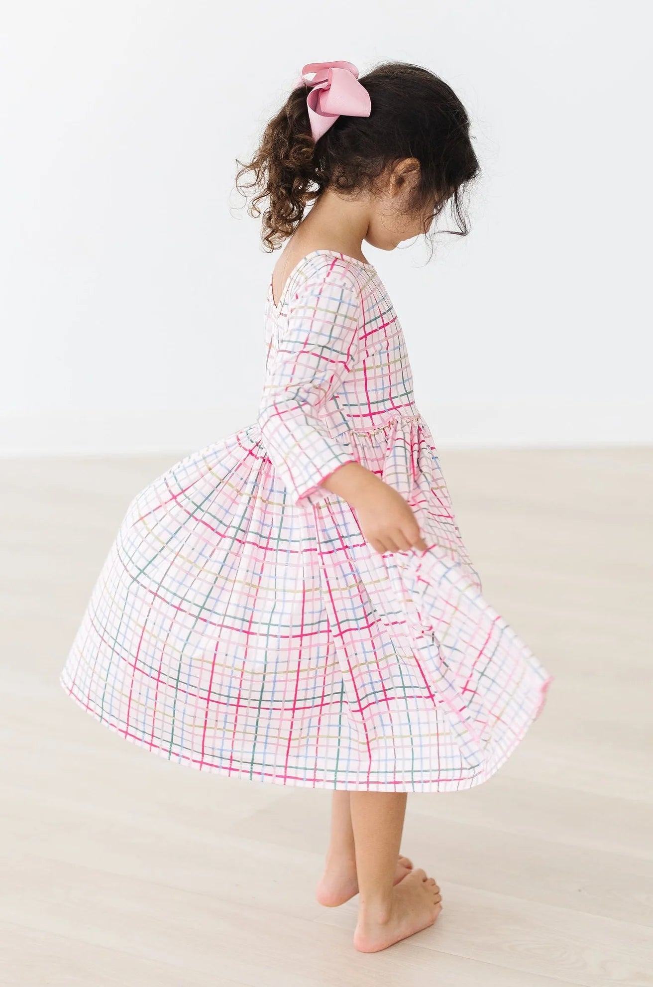 Pink Plaid 3/4 Sleeve Pocket Twirl Dress by Mila & Rose