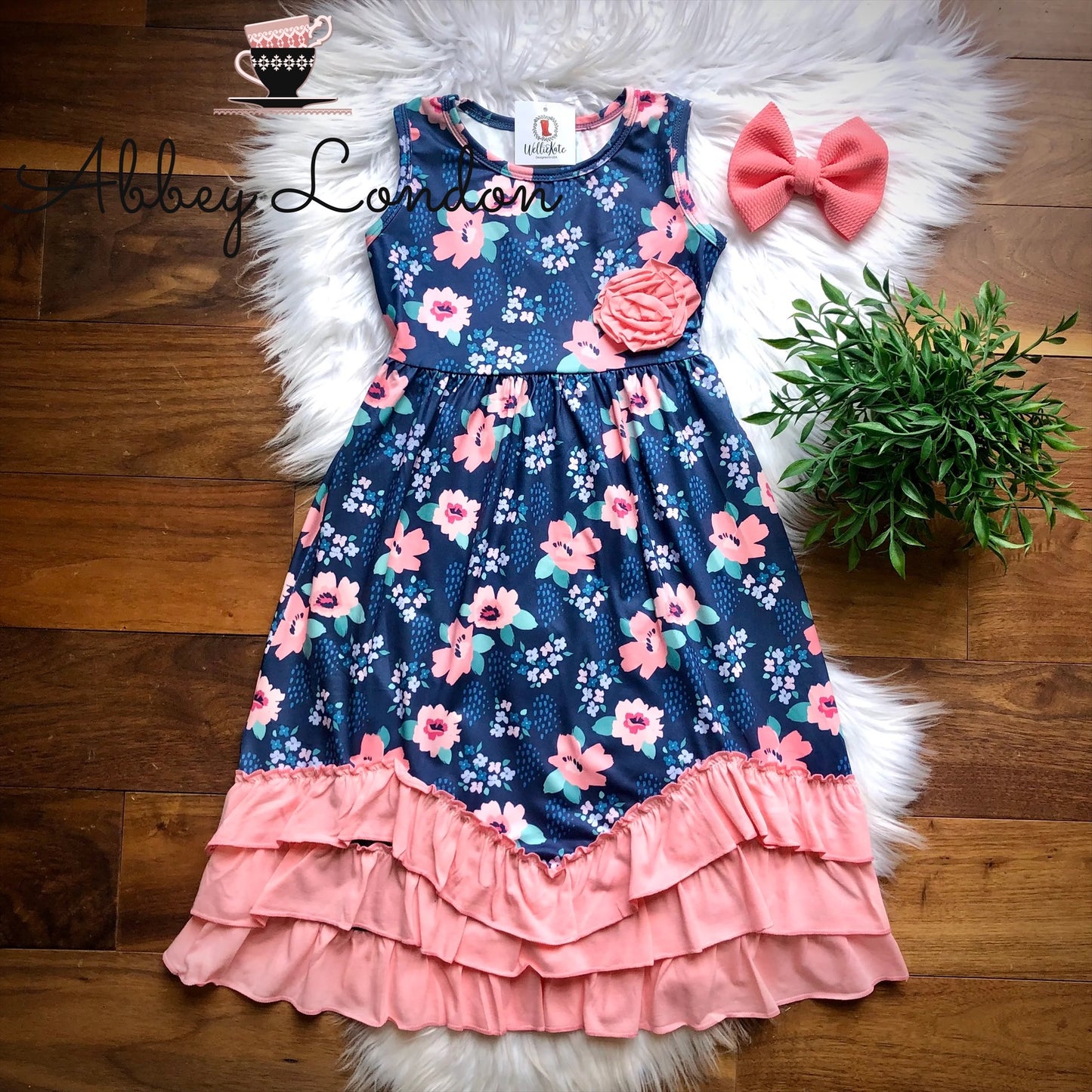Navy & Pink Triple Ruffle Dress by Wellie Kate