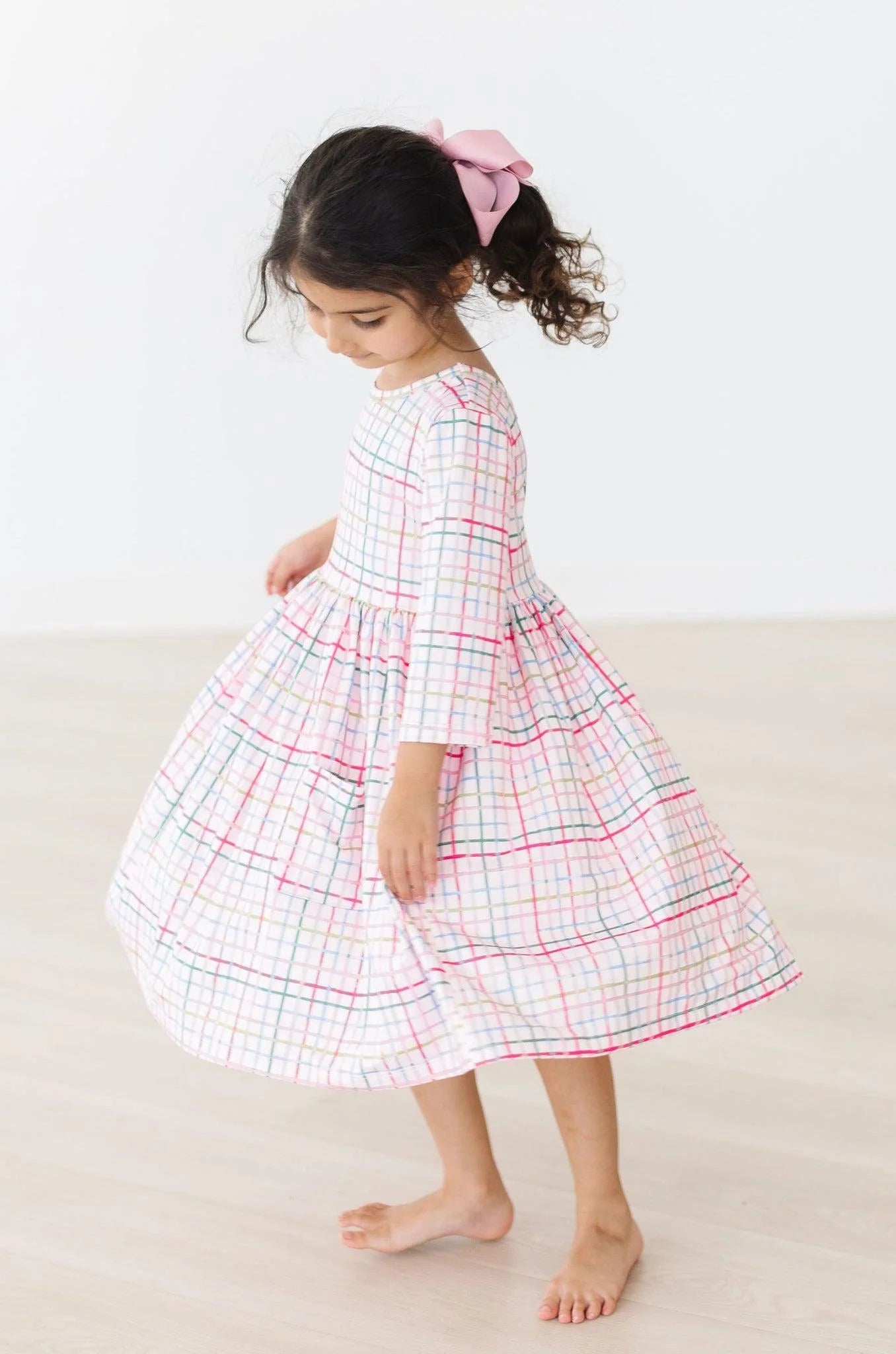 Pink Plaid 3/4 Sleeve Pocket Twirl Dress by Mila & Rose