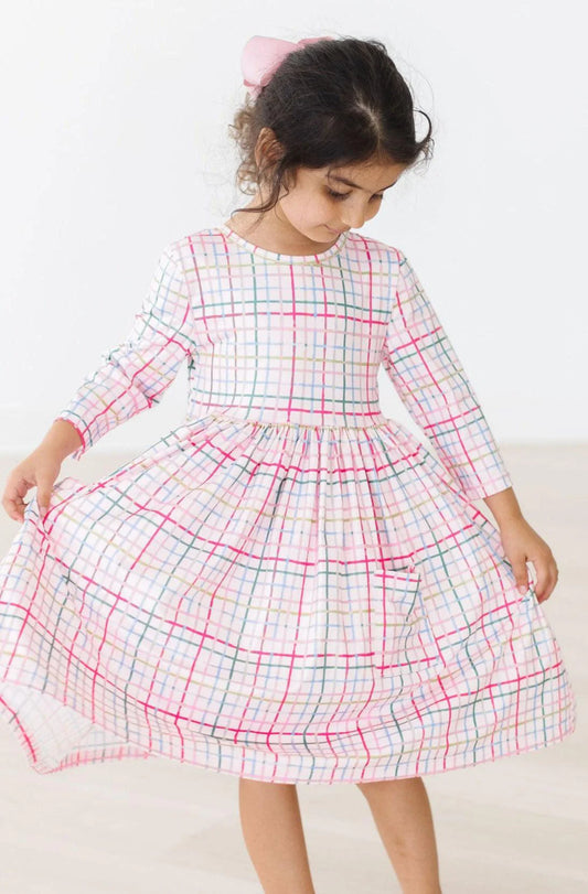 Pink Plaid 3/4 Sleeve Pocket Twirl Dress by Mila & Rose