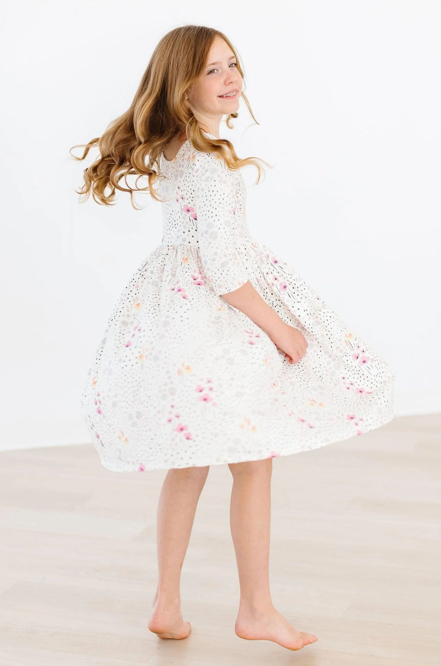 Whimsical Wildflowers 3/4 Sleeve Pocket Twirl Dress by Mila & Rose