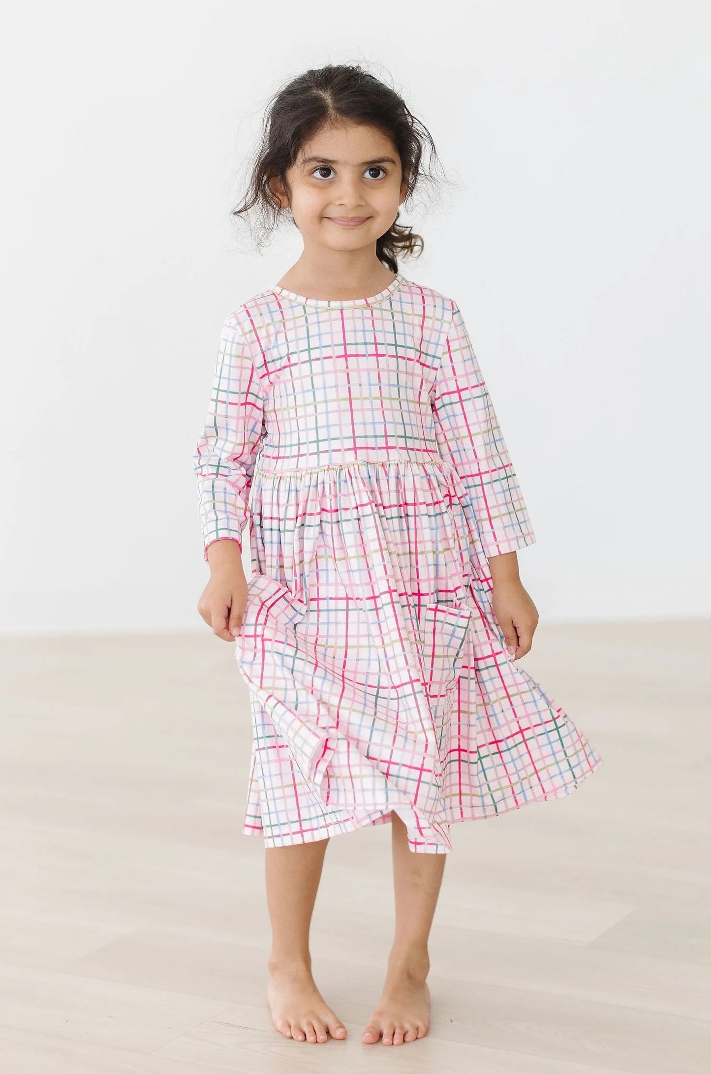Pink Plaid 3/4 Sleeve Pocket Twirl Dress by Mila & Rose