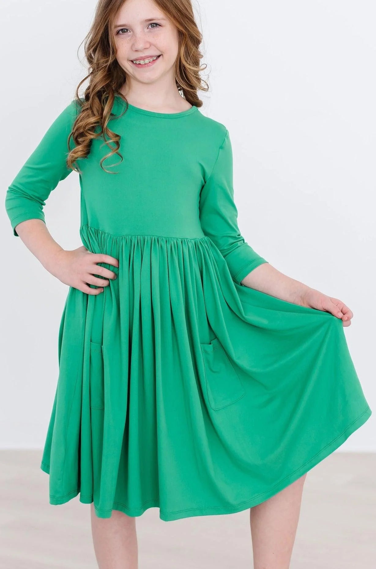 Kelly Green 3/4 Sleeve Pocket Twirl Dress by Mila & Rose