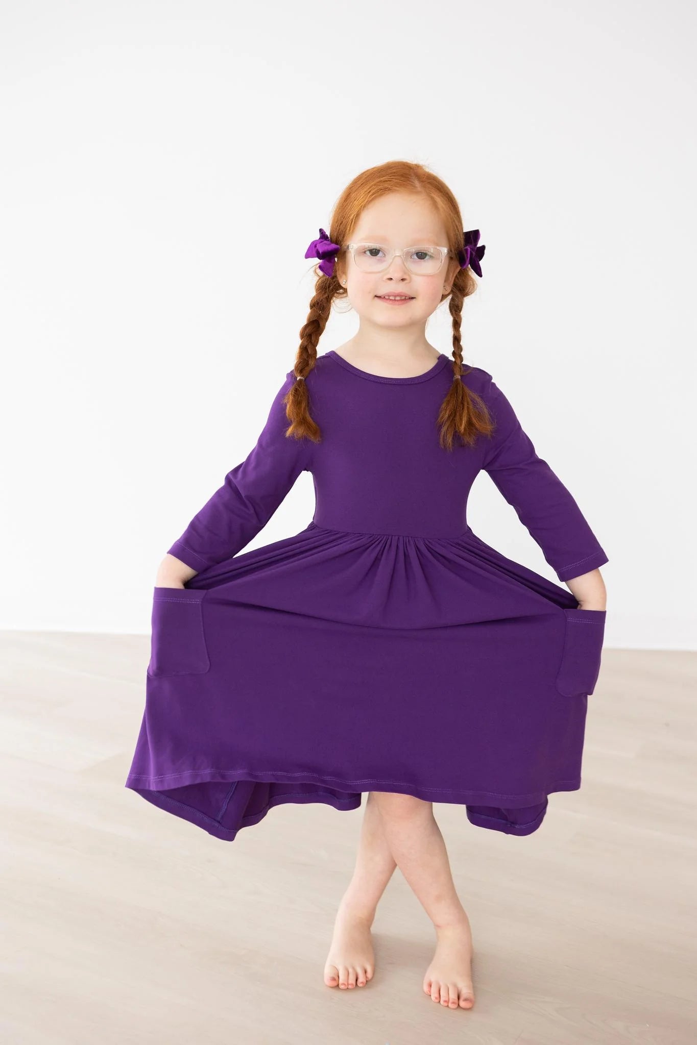 Purple 3/4 Sleeve Pocket Twirl Dress by Mila & Rose