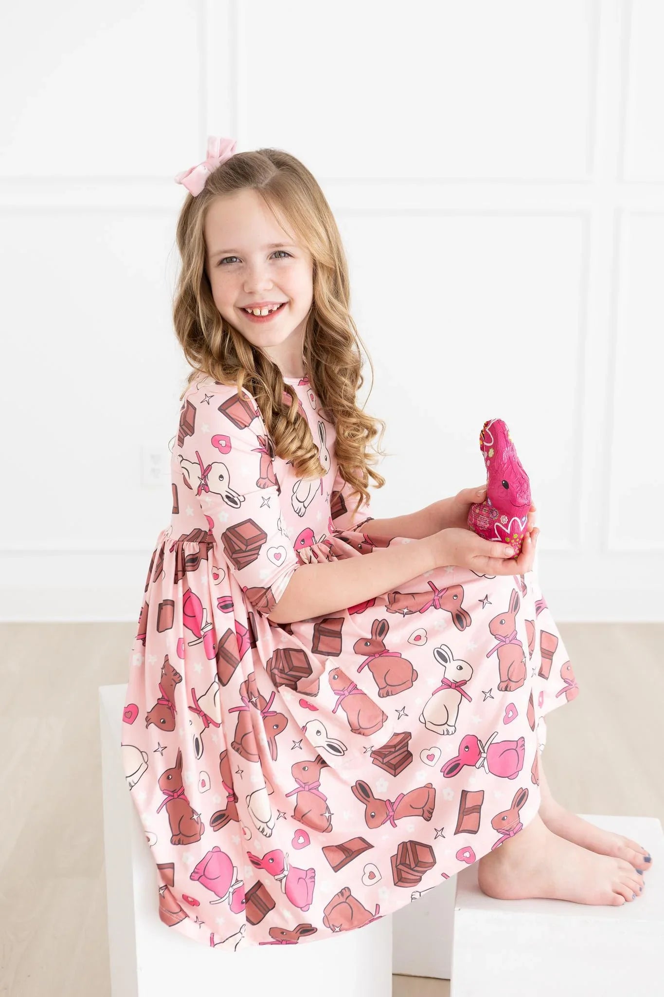 Chocolate Bunnies 3/4 Sleeve Pocket Twirl Dress by Mila & Rose