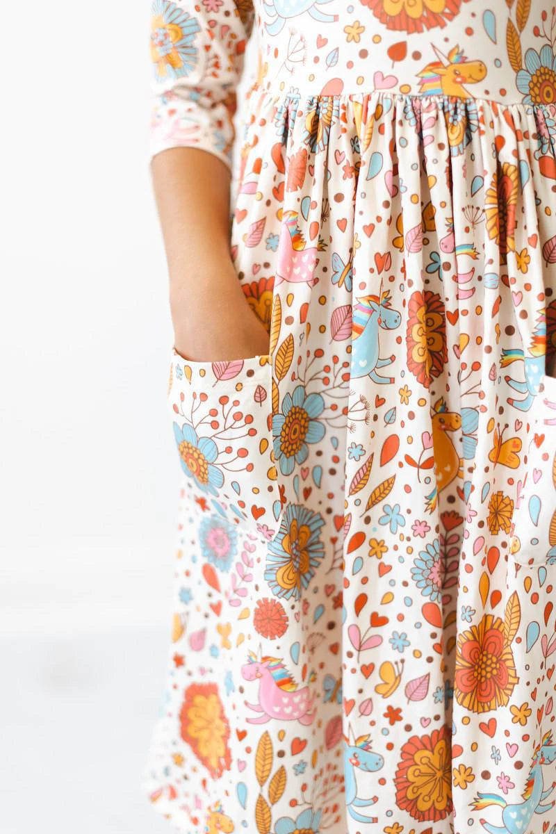 Retro Unicorns 3/4 Sleeve Pocket Twirl Dress by Mila & Rose
