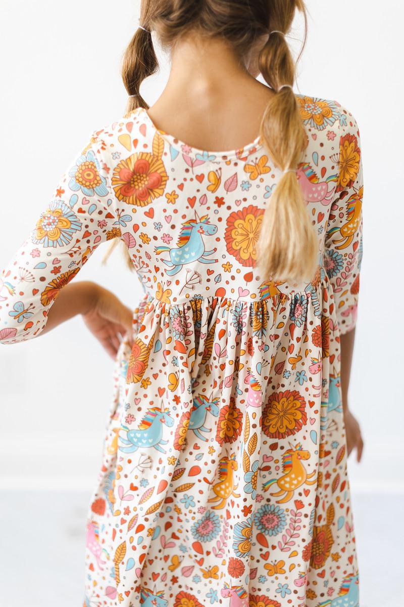 Retro Unicorns 3/4 Sleeve Pocket Twirl Dress by Mila & Rose