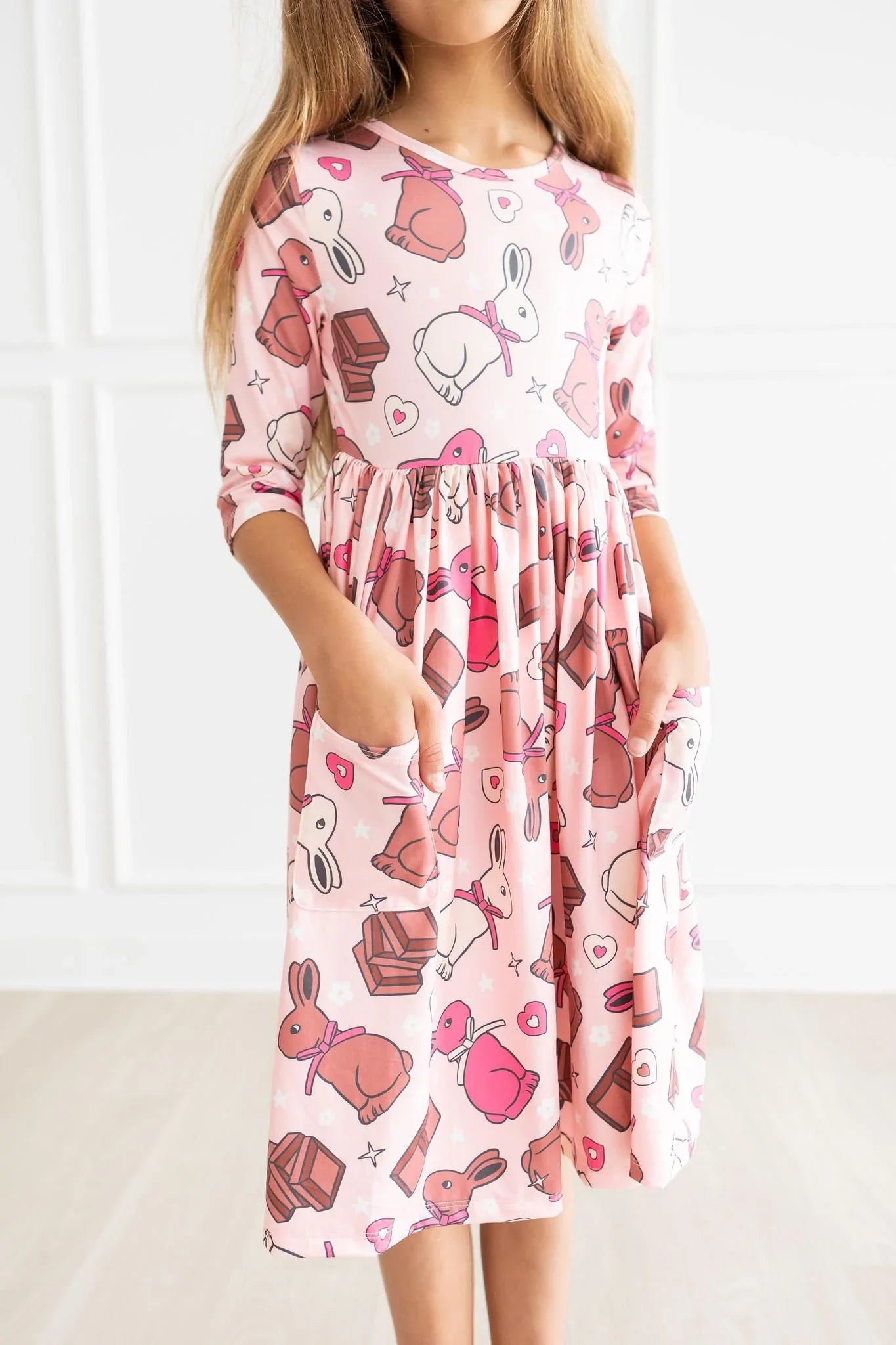 Chocolate Bunnies 3/4 Sleeve Pocket Twirl Dress by Mila & Rose