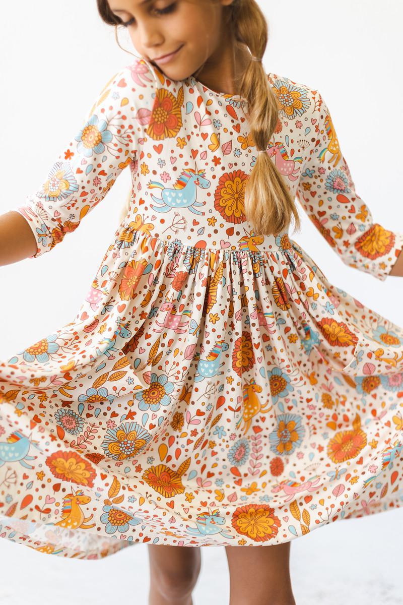 Retro Unicorns 3/4 Sleeve Pocket Twirl Dress by Mila & Rose