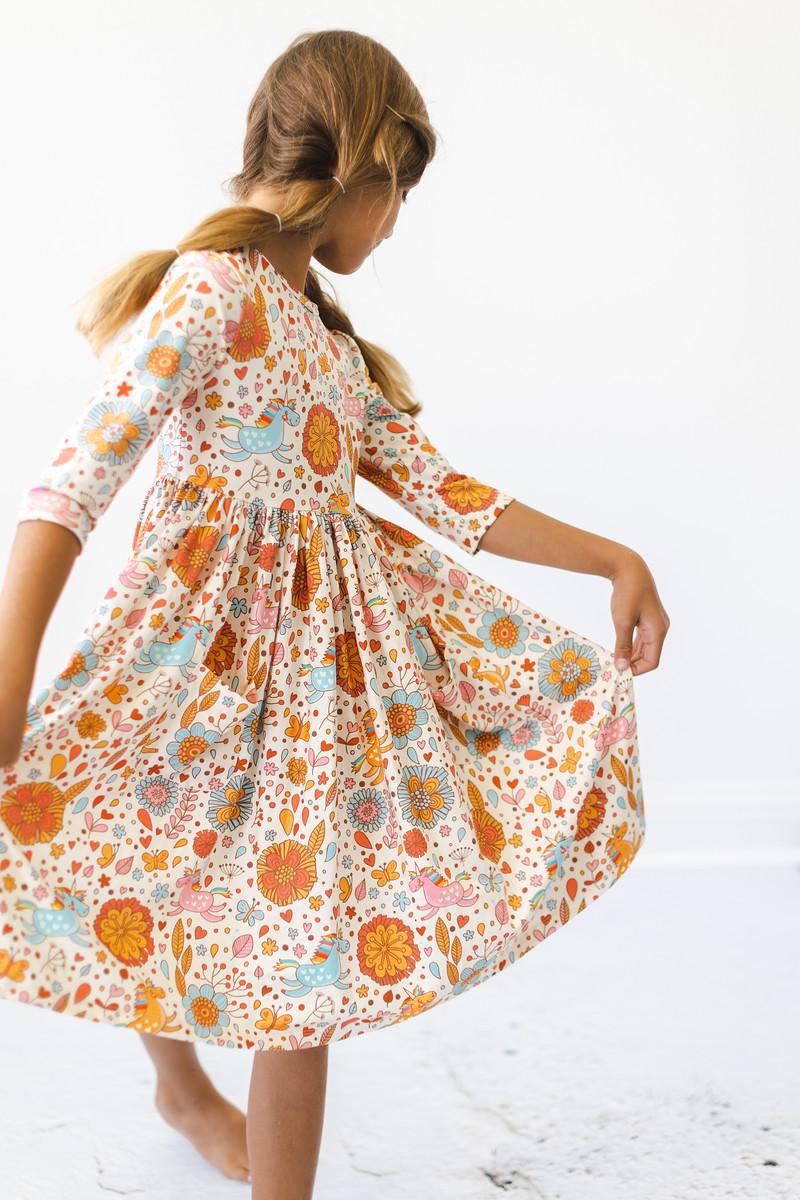 Retro Unicorns 3/4 Sleeve Pocket Twirl Dress by Mila & Rose
