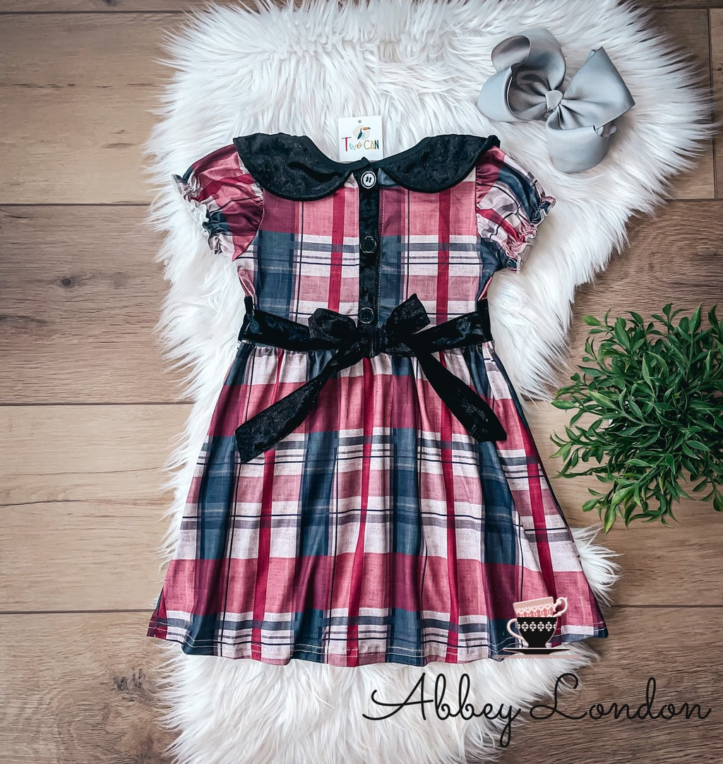 Christmas Plaid & Velvet Knee Length Short Sleeve Dress by TwoCan