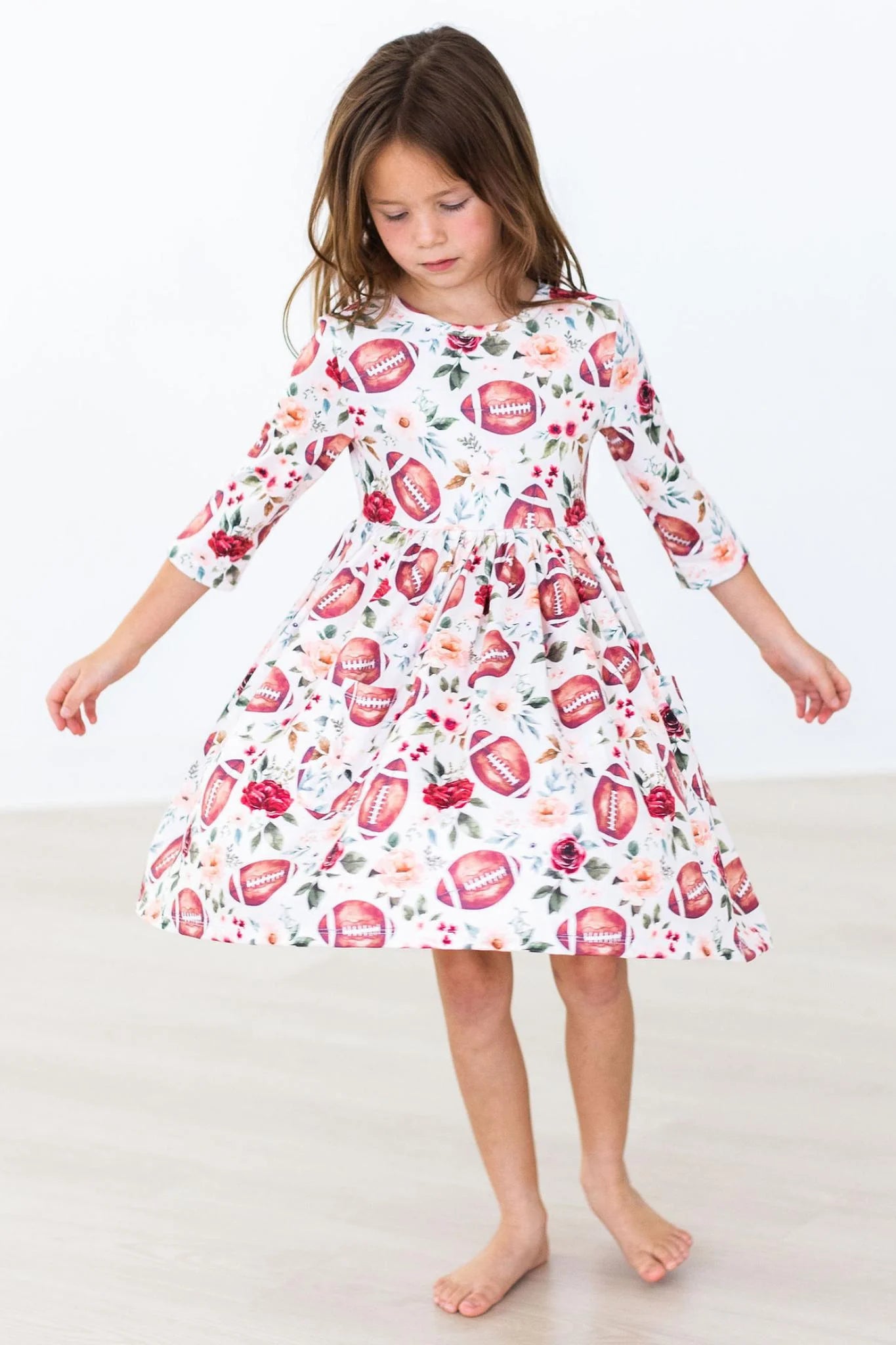 Footballs & Flowers 3/4 Sleeve Pocket Twirl Dress by Mila & Rose