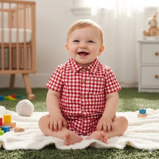 Gingham Picnic Boy’s Infant Romper by Pete + Lucy