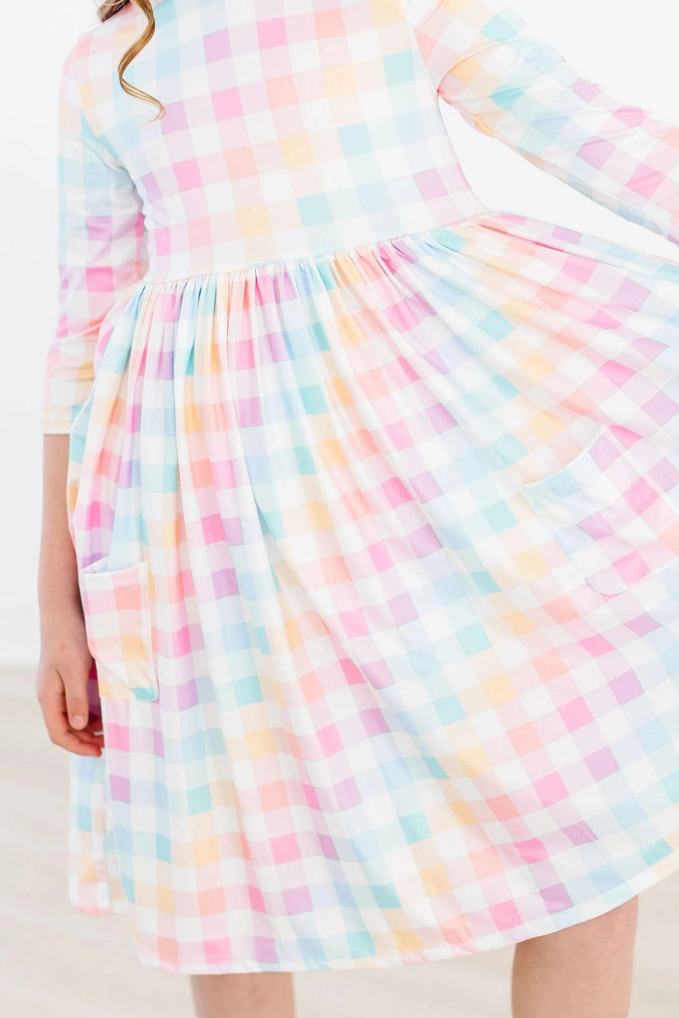 Pastel Plaid 3/4 Sleeve Pocket Twirl Dress by Mila & Rose