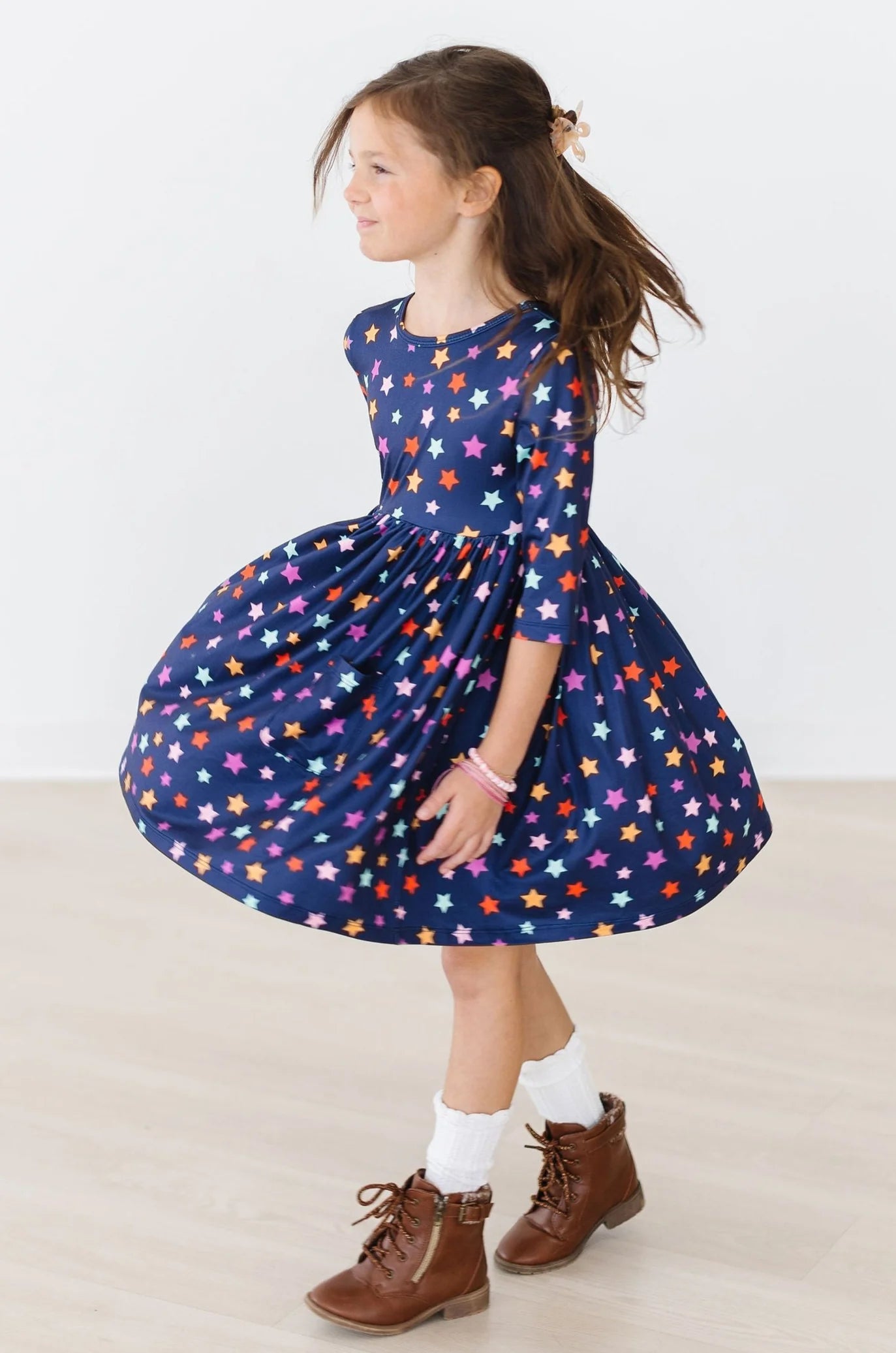 Stars 3/4 Sleeve Pocket Twirl Dress by Mila & Rose