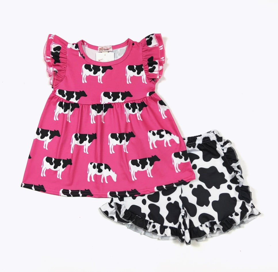 Hot Pink Cow Short Set by Clover Cottage