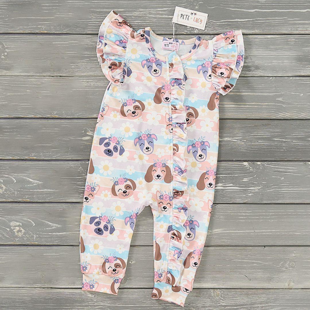 (Preorder) Puppy Blossoms Girl’s Infant Romper by Pete + Lucy