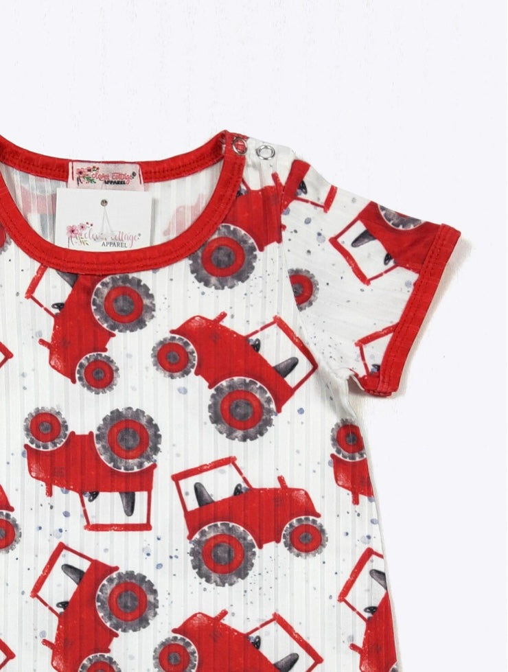 Lil’ Red Tractor Infant Romper by Clover Cottage