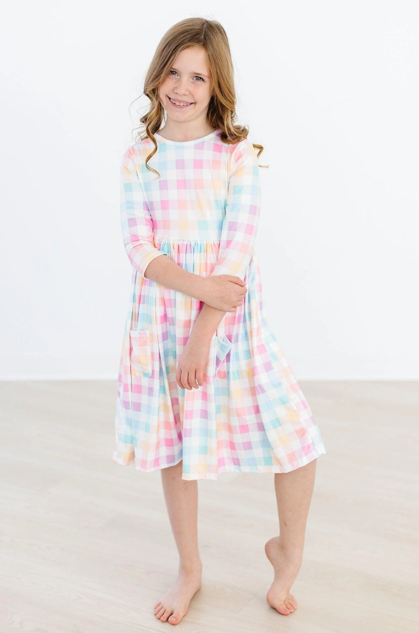 Pastel Plaid 3/4 Sleeve Pocket Twirl Dress by Mila & Rose