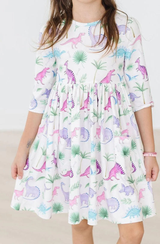 Dino Darling 3/4 Sleeve Pocket Twirl Dress by Mila & Rose