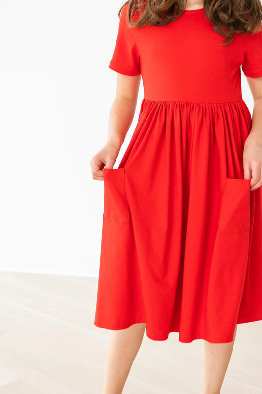 Red 3/4 Sleeve Pocket Twirl Dress by Mila & Rose