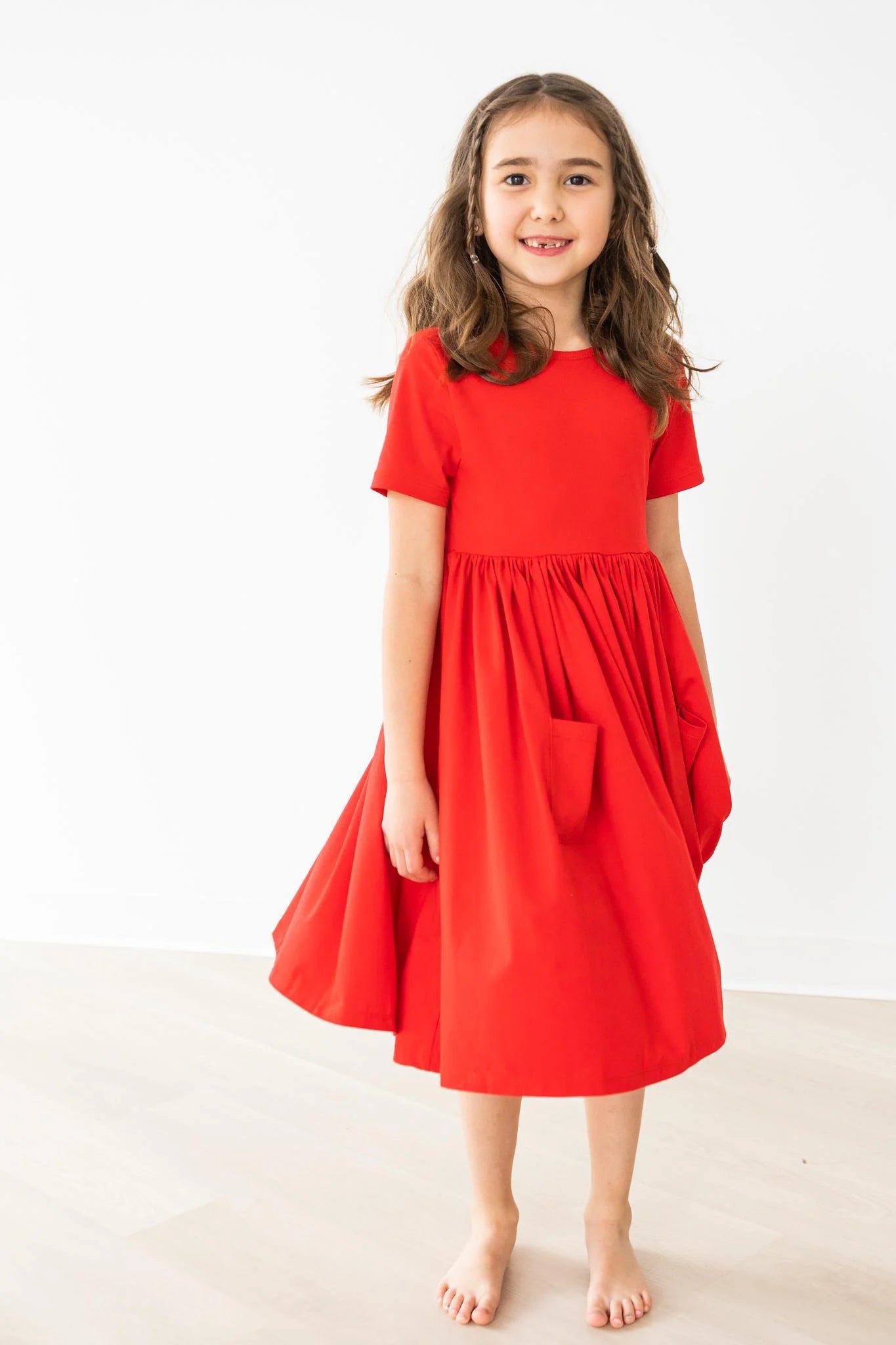 Red 3/4 Sleeve Pocket Twirl Dress by Mila & Rose