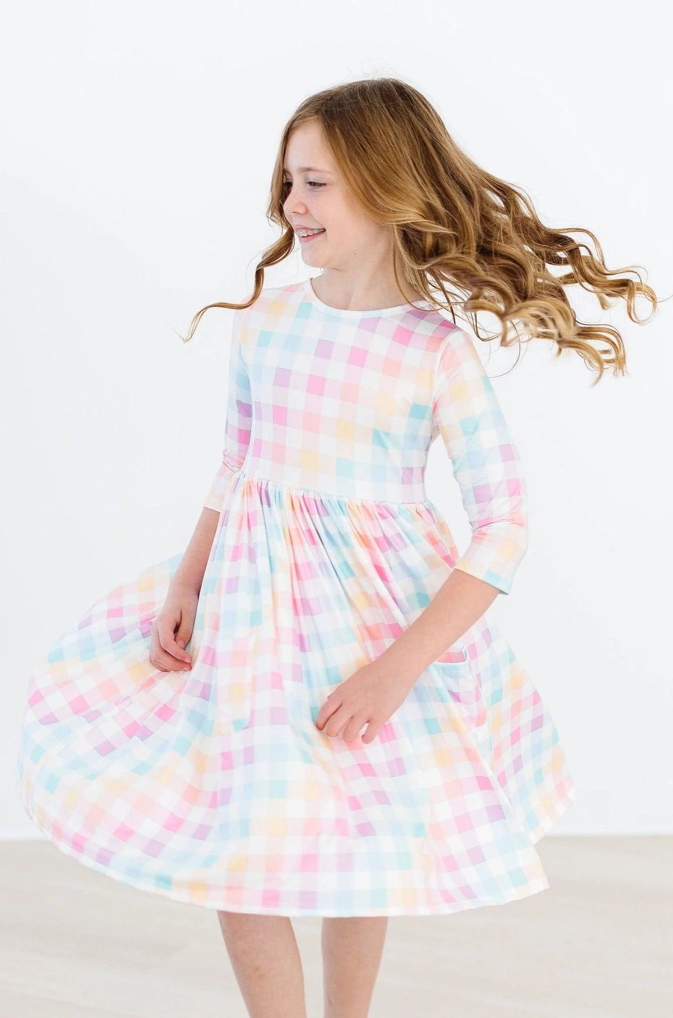 Pastel Plaid 3/4 Sleeve Pocket Twirl Dress by Mila & Rose