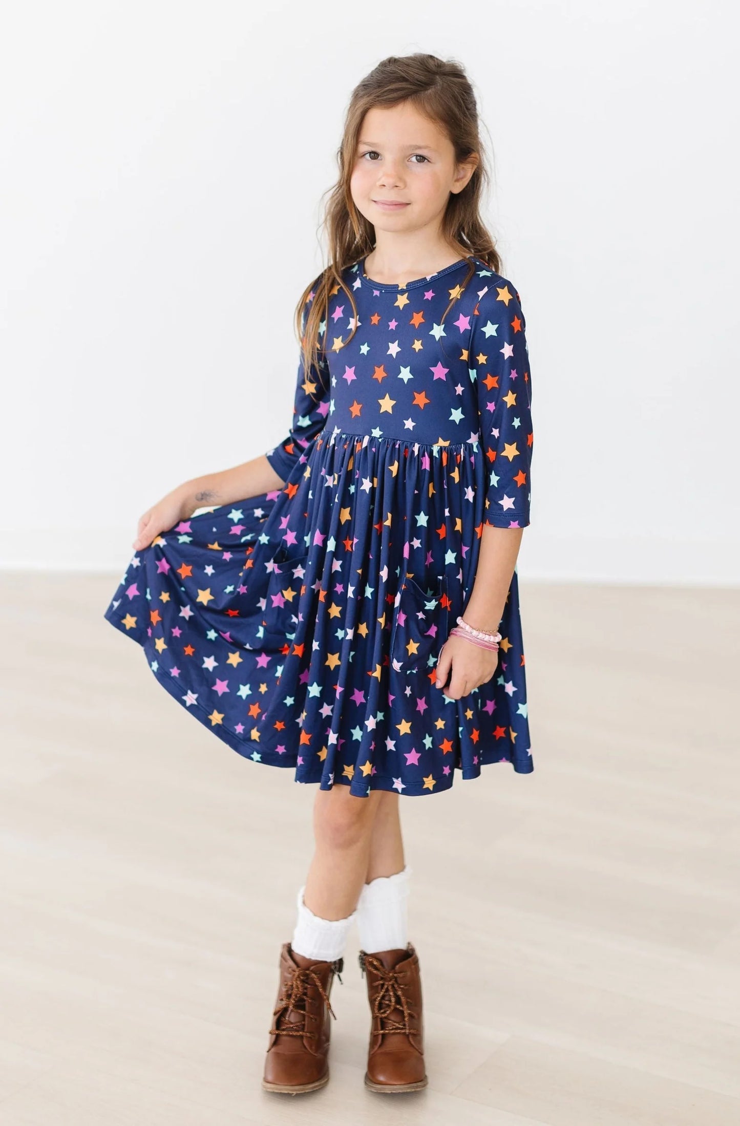 Stars 3/4 Sleeve Pocket Twirl Dress by Mila & Rose