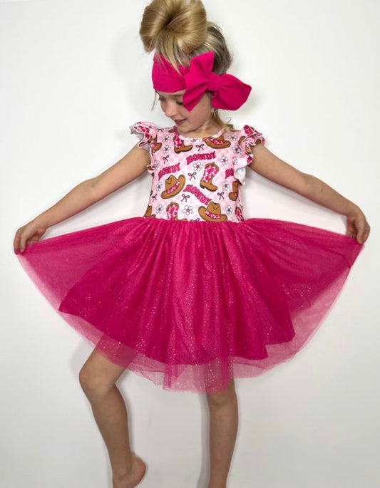Hot Pink Howdy Tulle Dress by Clover Cottage