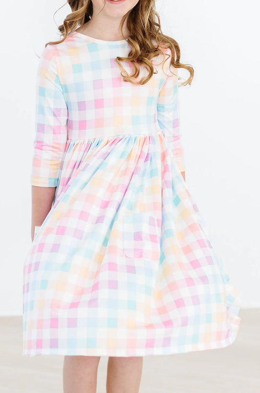 Pastel Plaid 3/4 Sleeve Pocket Twirl Dress by Mila & Rose