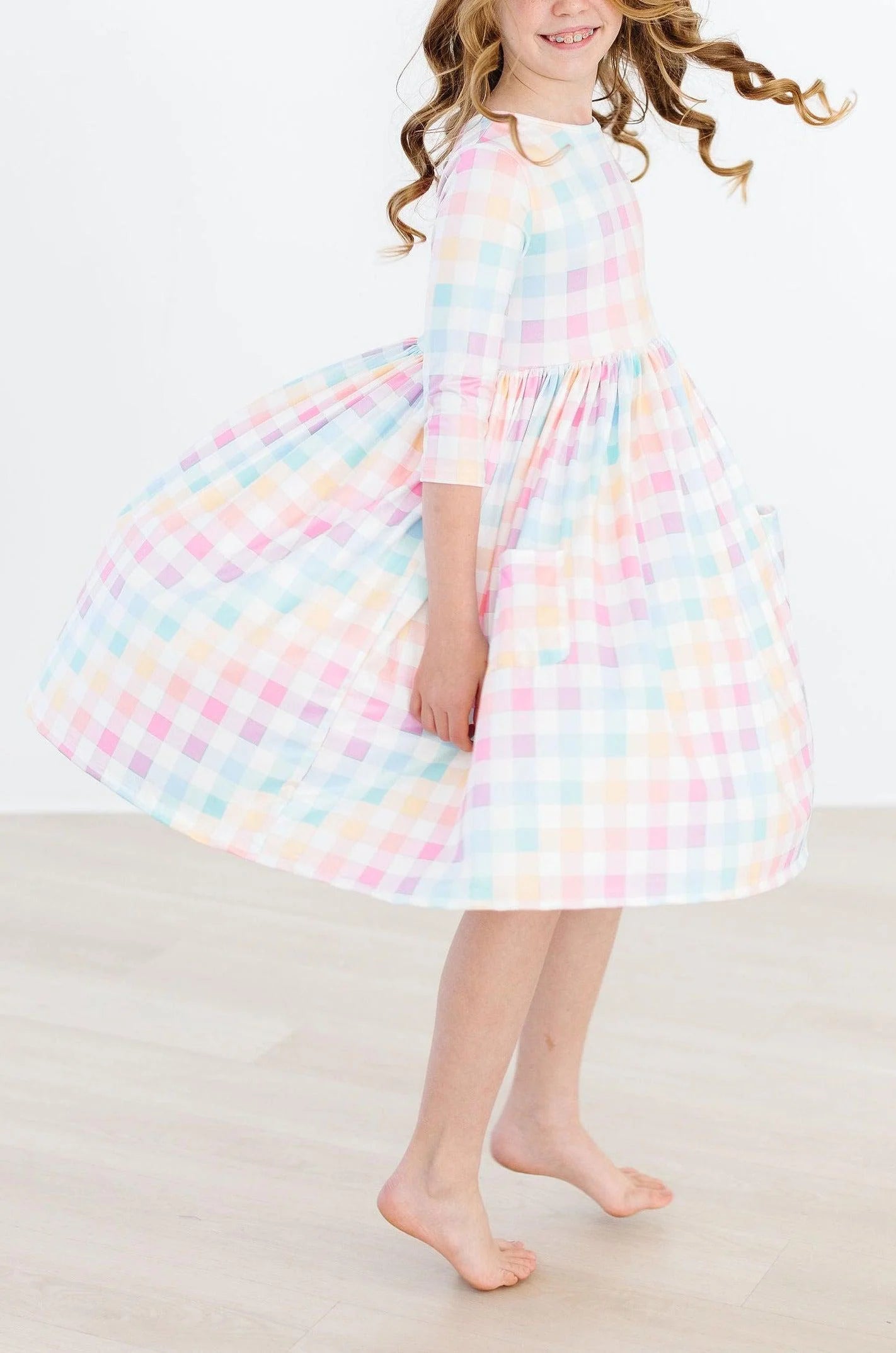 Pastel Plaid 3/4 Sleeve Pocket Twirl Dress by Mila & Rose