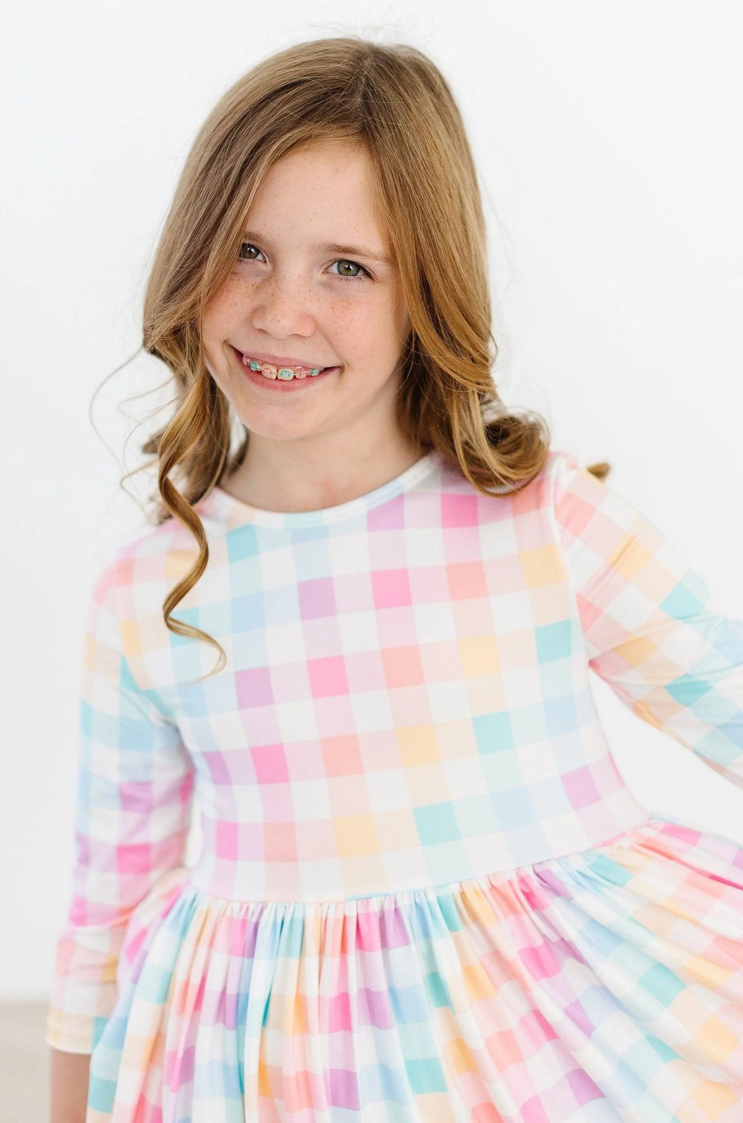 Pastel Plaid 3/4 Sleeve Pocket Twirl Dress by Mila & Rose