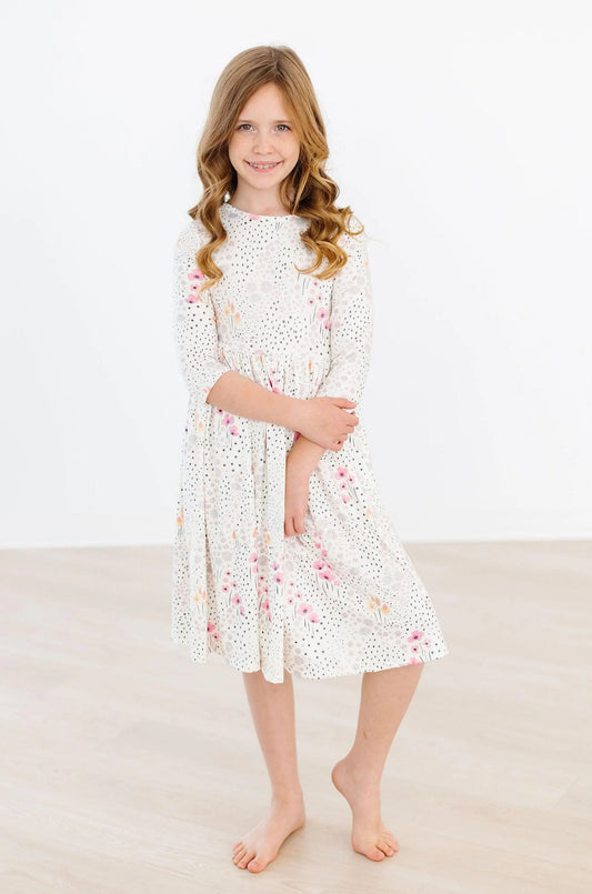 Whimsical Wildflowers 3/4 Sleeve Pocket Twirl Dress by Mila & Rose