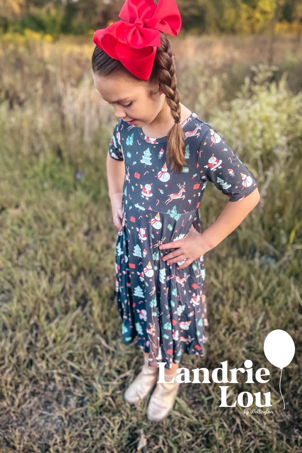 Santa & Reindeer Twirl Dress by Landrie Lou