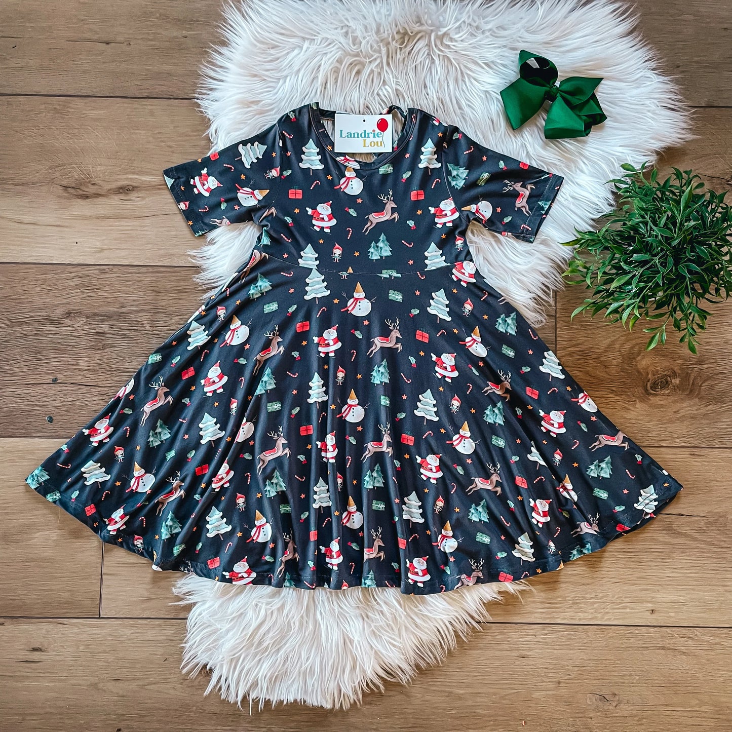 Santa & Reindeer Twirl Dress by Landrie Lou