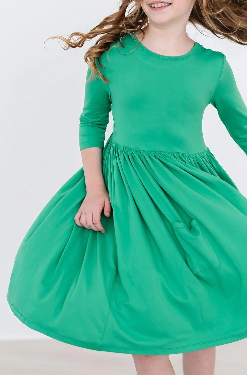 Kelly Green 3/4 Sleeve Pocket Twirl Dress by Mila & Rose