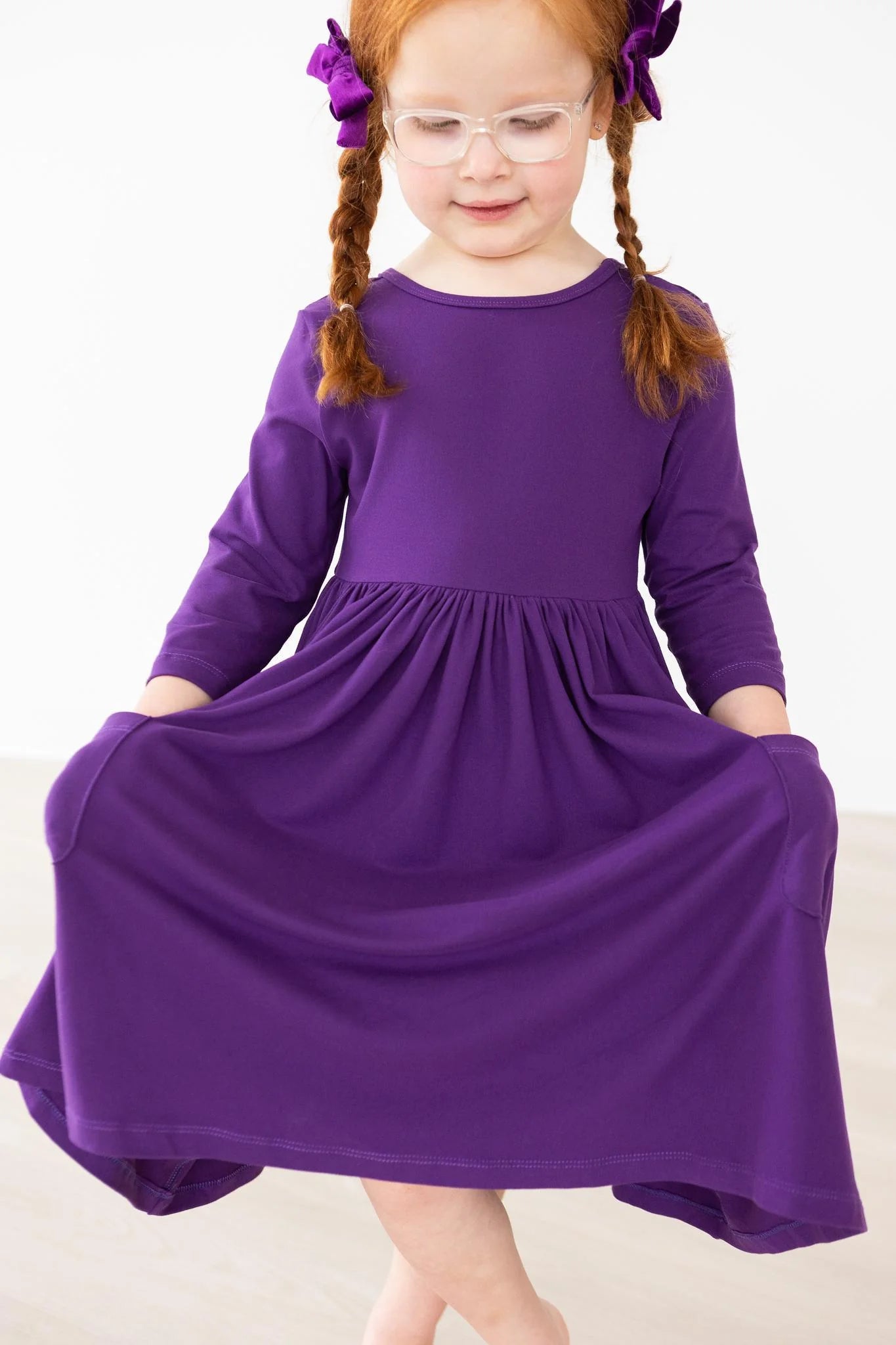 Purple 3/4 Sleeve Pocket Twirl Dress by Mila & Rose