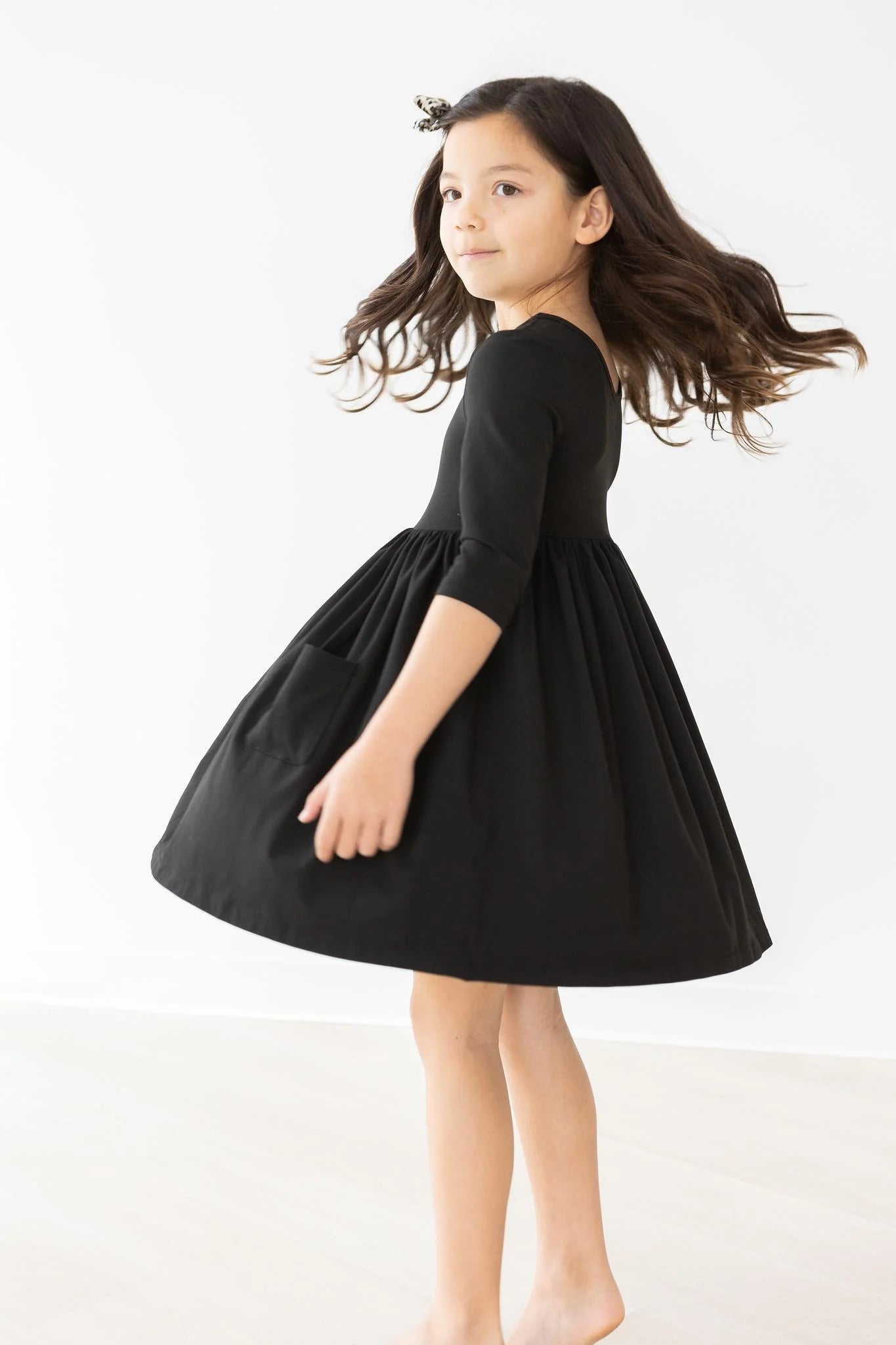 Black 3/4 Sleeve Pocket Twirl Dress by Mila & Rose