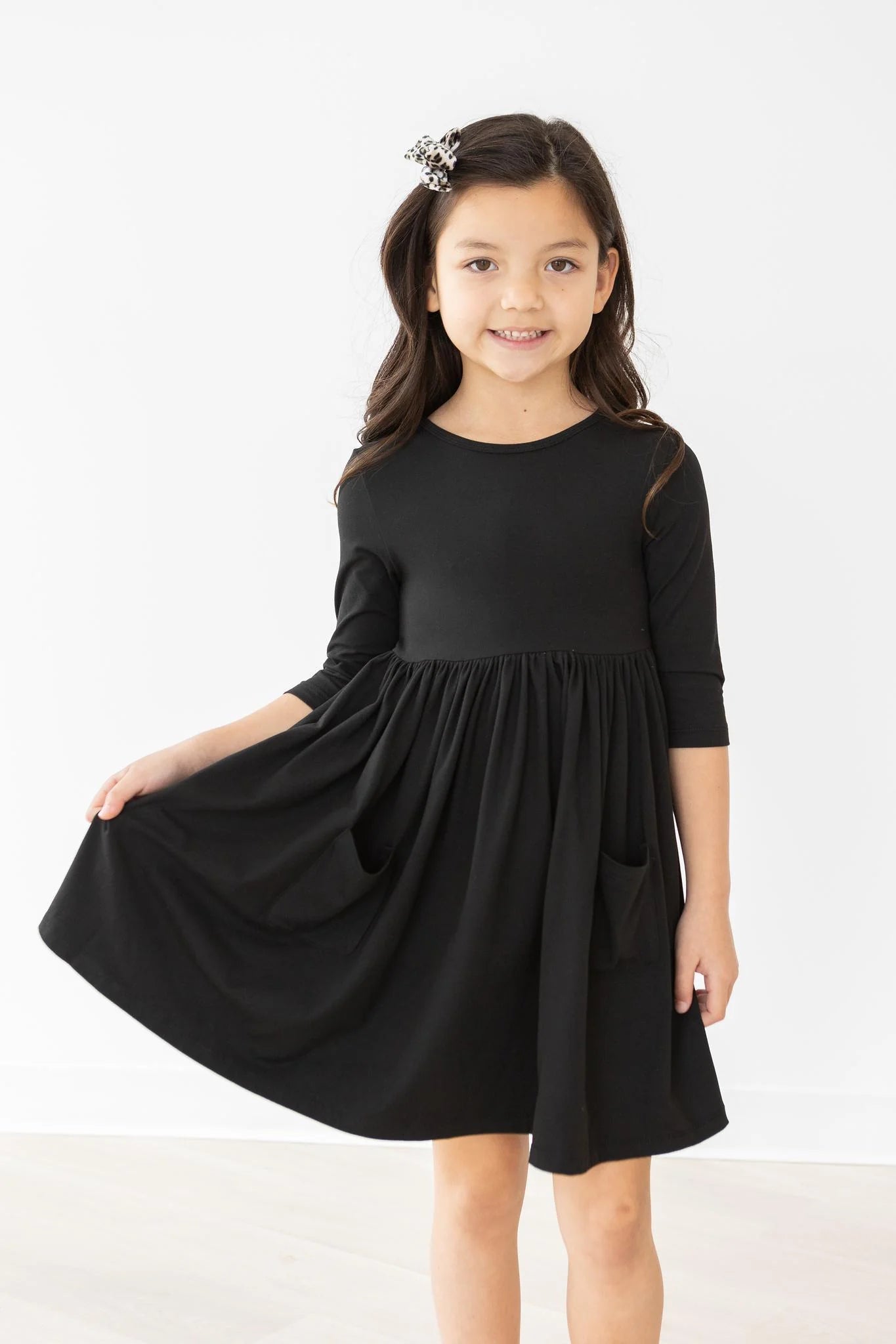 Black 3/4 Sleeve Pocket Twirl Dress by Mila & Rose