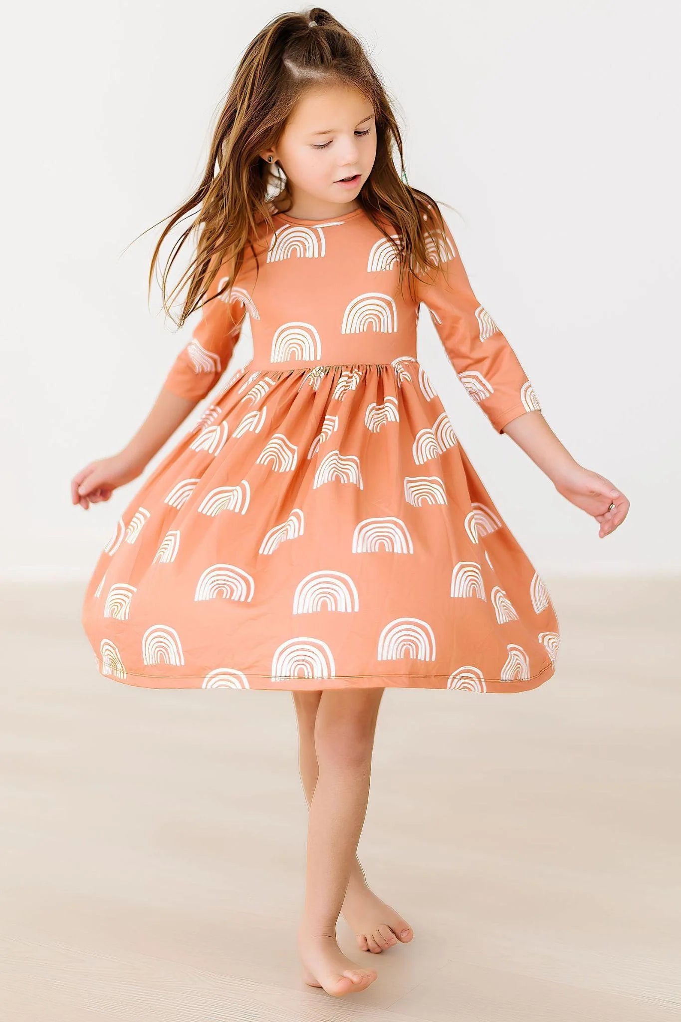 Rainbows in Fall 3/4 Sleeve Twirl Dress by Mila & Rose