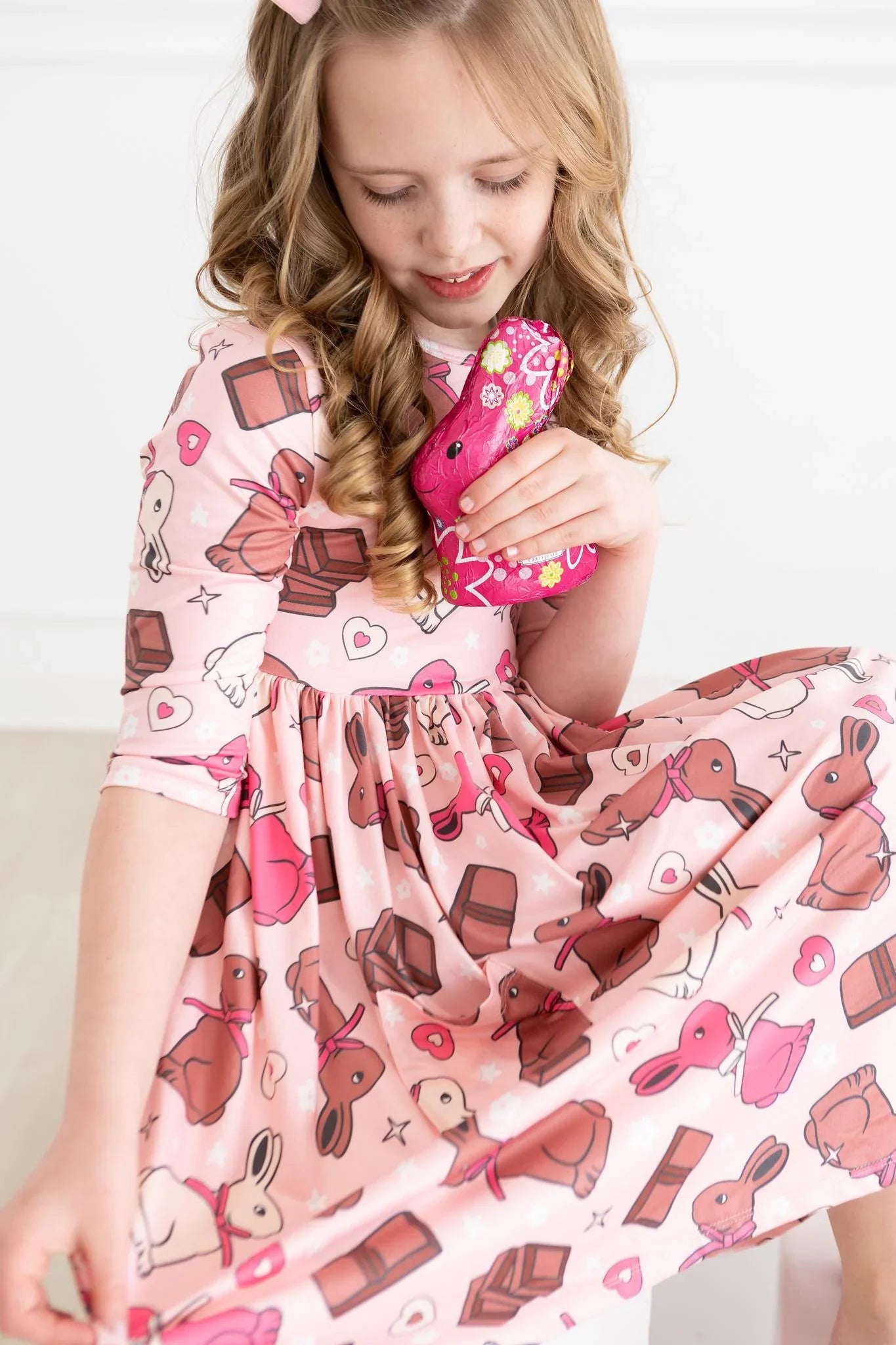 Chocolate Bunnies 3/4 Sleeve Pocket Twirl Dress by Mila & Rose