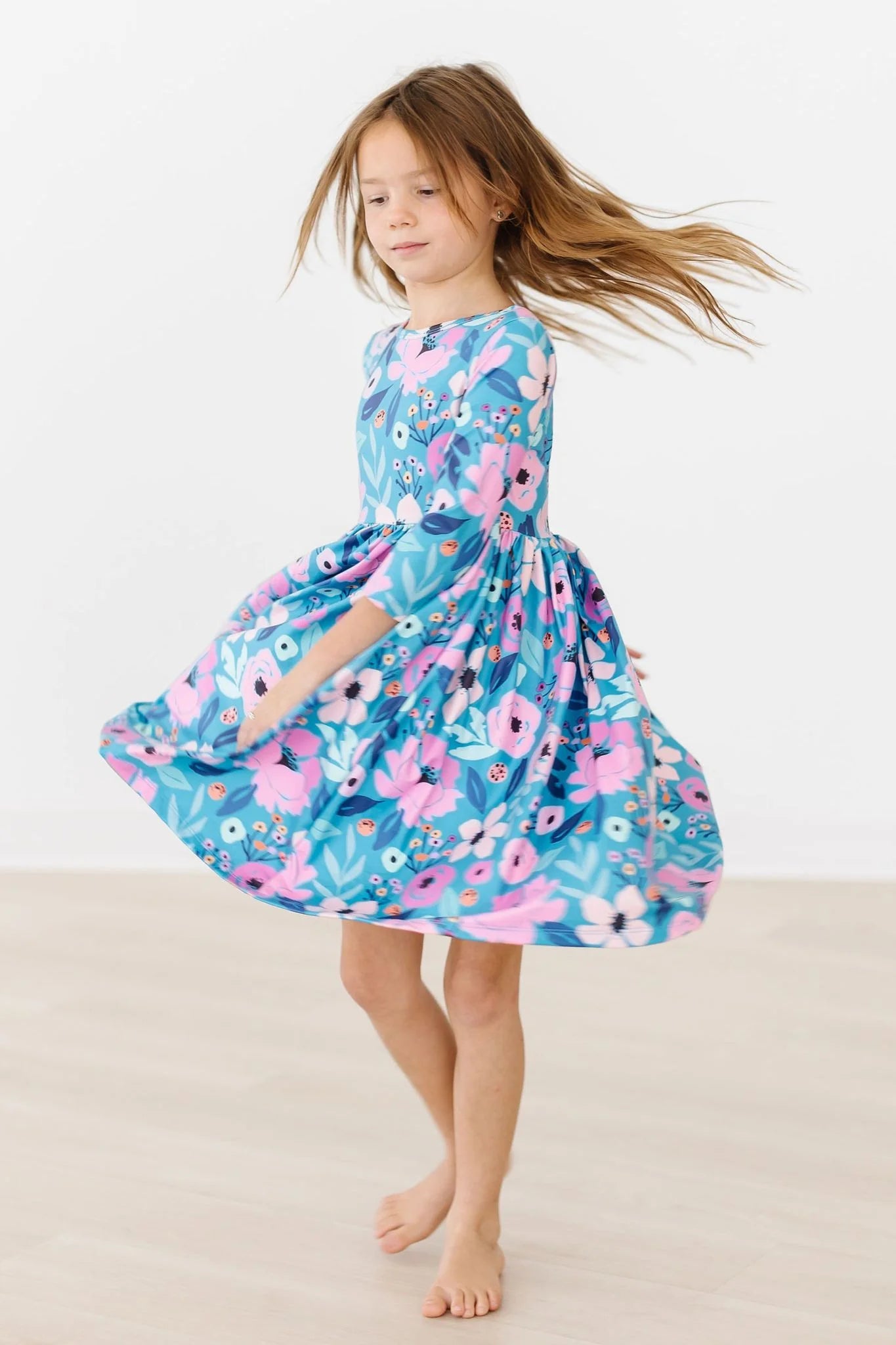 Twirling in Teal 3/4 Sleeve Twirl Dress by Mila & Rose