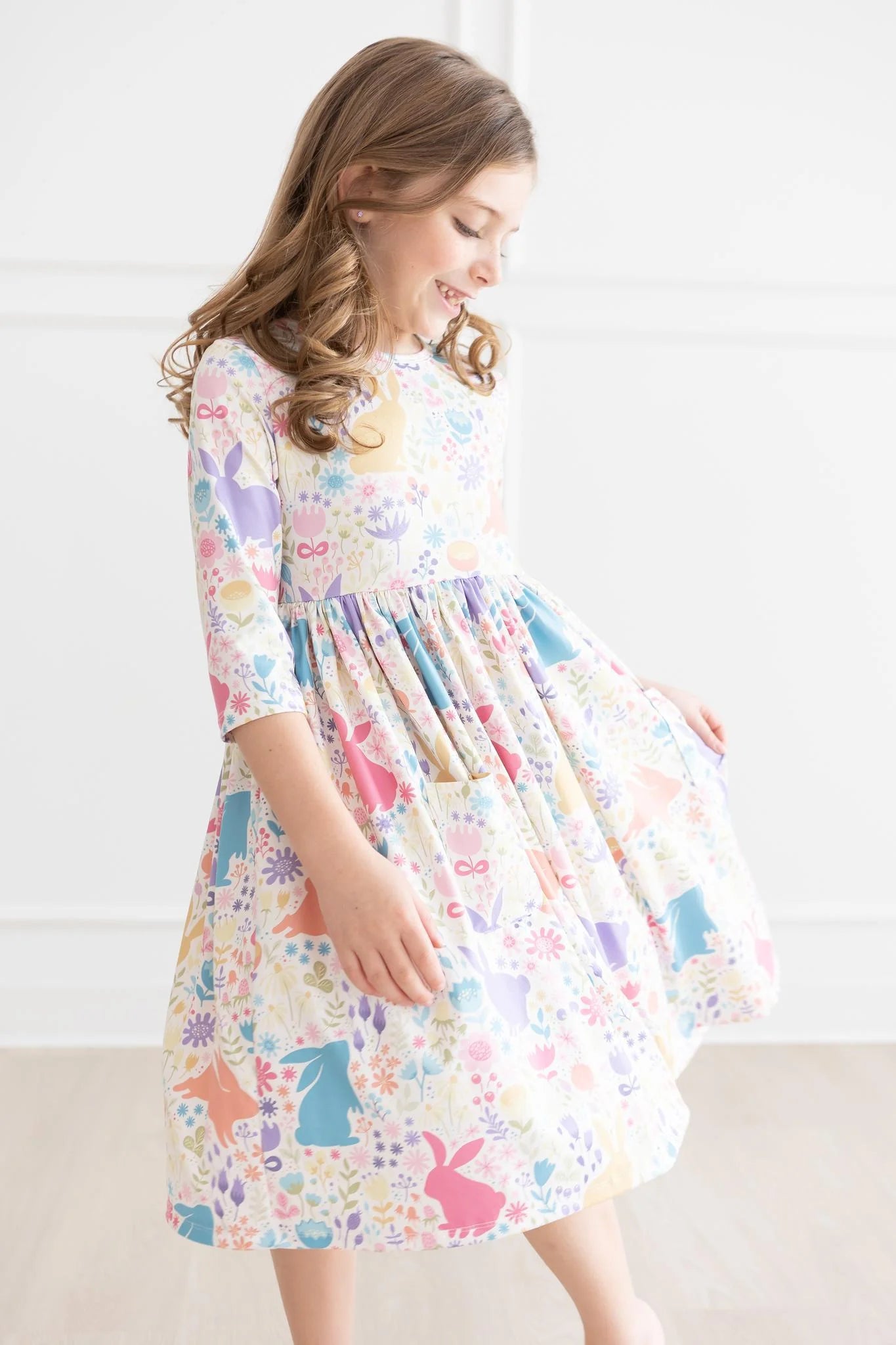 Pastel Floral Bunnies 3/4 Sleeve Pocket Twirl Dress by Mila & Rose