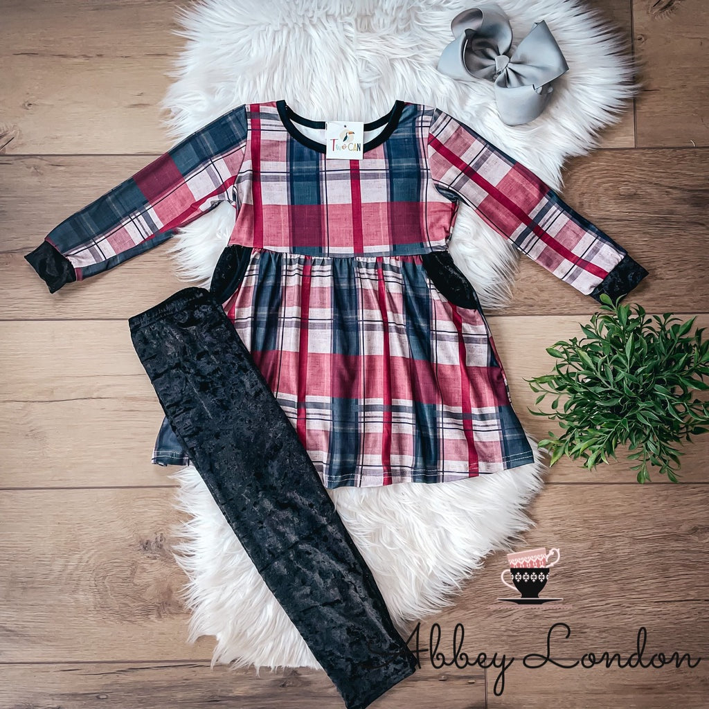 Christmas Plaid and Velvet Pant Set by TwoCan