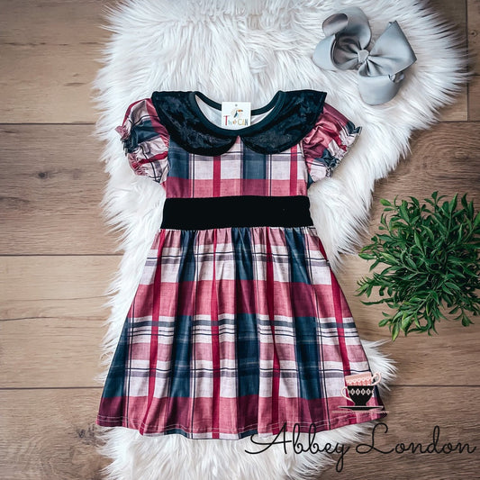 Christmas Plaid & Velvet Knee Length Short Sleeve Dress by TwoCan