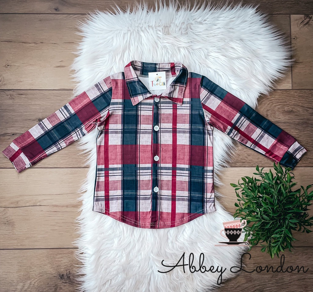 Christmas Plaid Long Sleeve Button Up by TwoCan