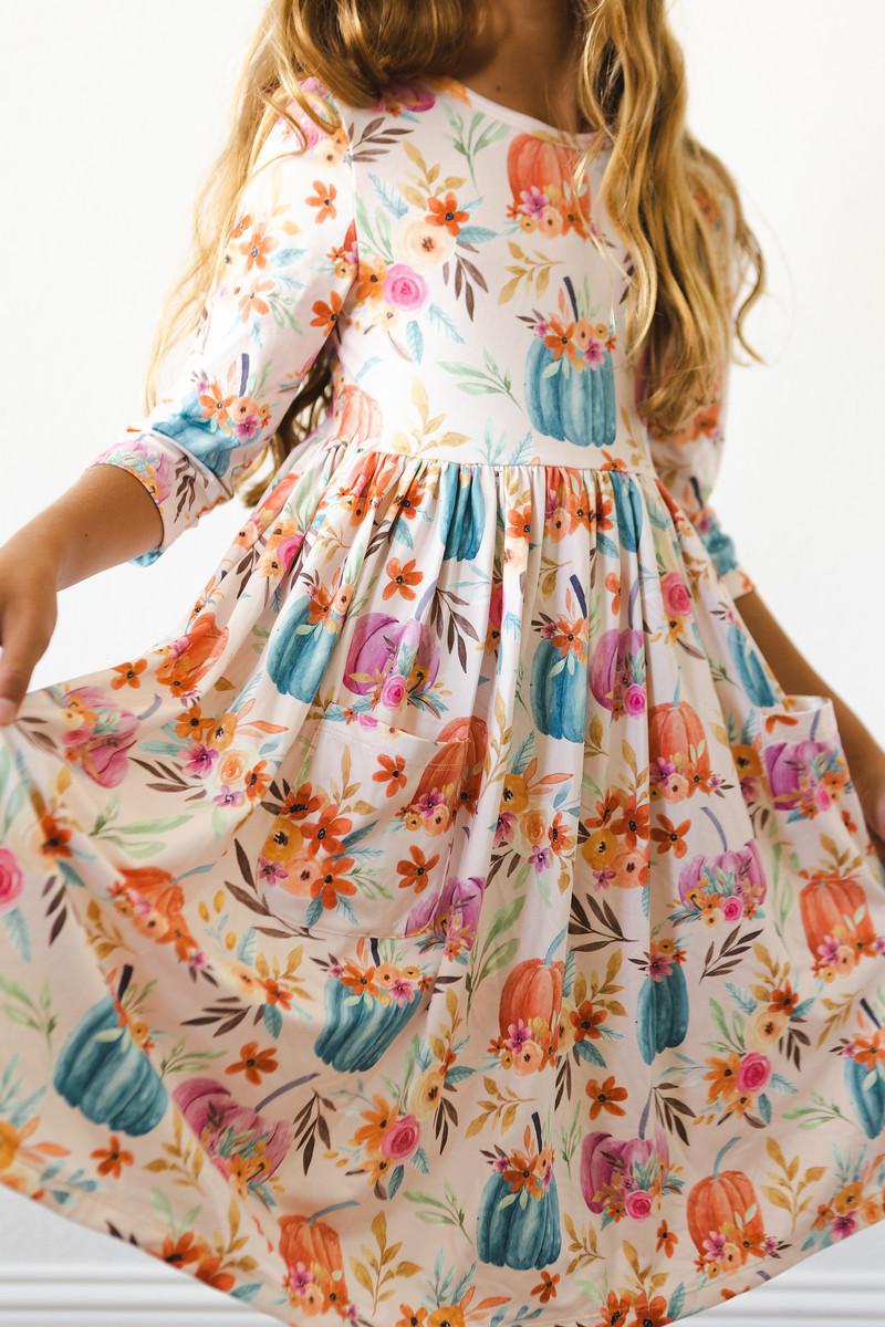 Harvest Blooms 3/4 Sleeve Pocket Twirl Dress by Mila & Rose