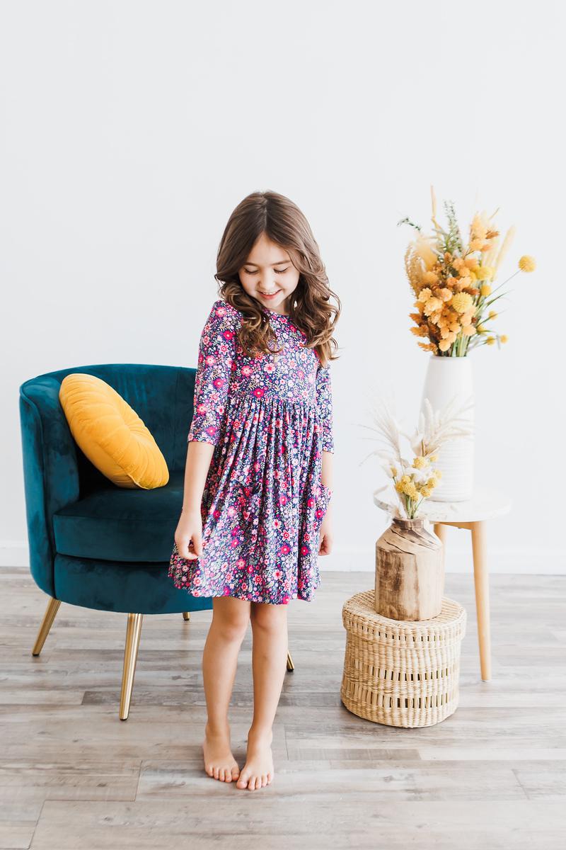 Flower Farm 3/4 Sleeve Pocket Twirl Dress by Mila & Rose