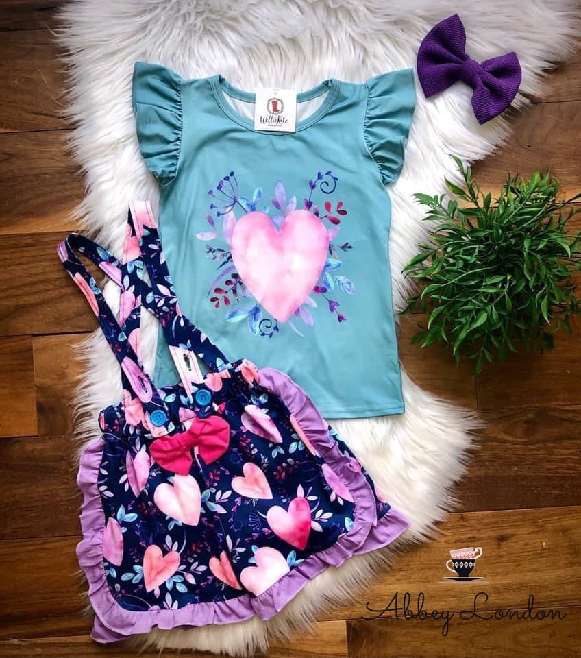Watercolor Hearts Suspender Shorts Set by Wellie Kate